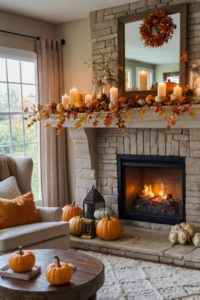 Fall mantel decor, Seasonal home decor, Autumn interior design, Holiday fireplace decorations, Festive living room design