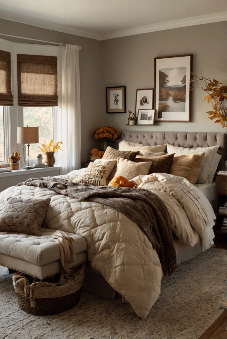 cozy bedroom decor, fall bedroom colors, autumn bedroom ideas, warm bedding, seasonal home styling