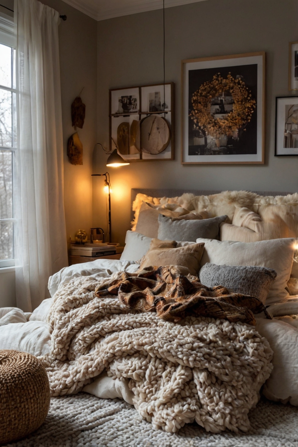 Cozy bedroom decor, Rustic bedding, Autumn home textiles, Warm lighting, Modern bedding sets