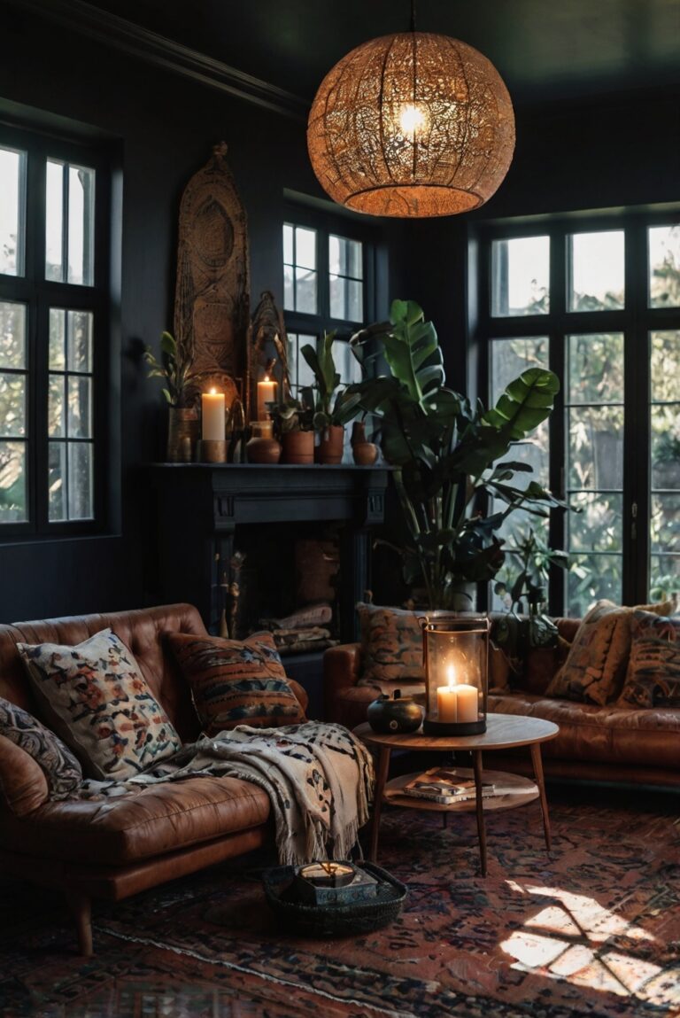 Stylish bohemian living room ideas, Black boho decor, Elegant dark living room, Modern boho chic interior, Cozy boho living room