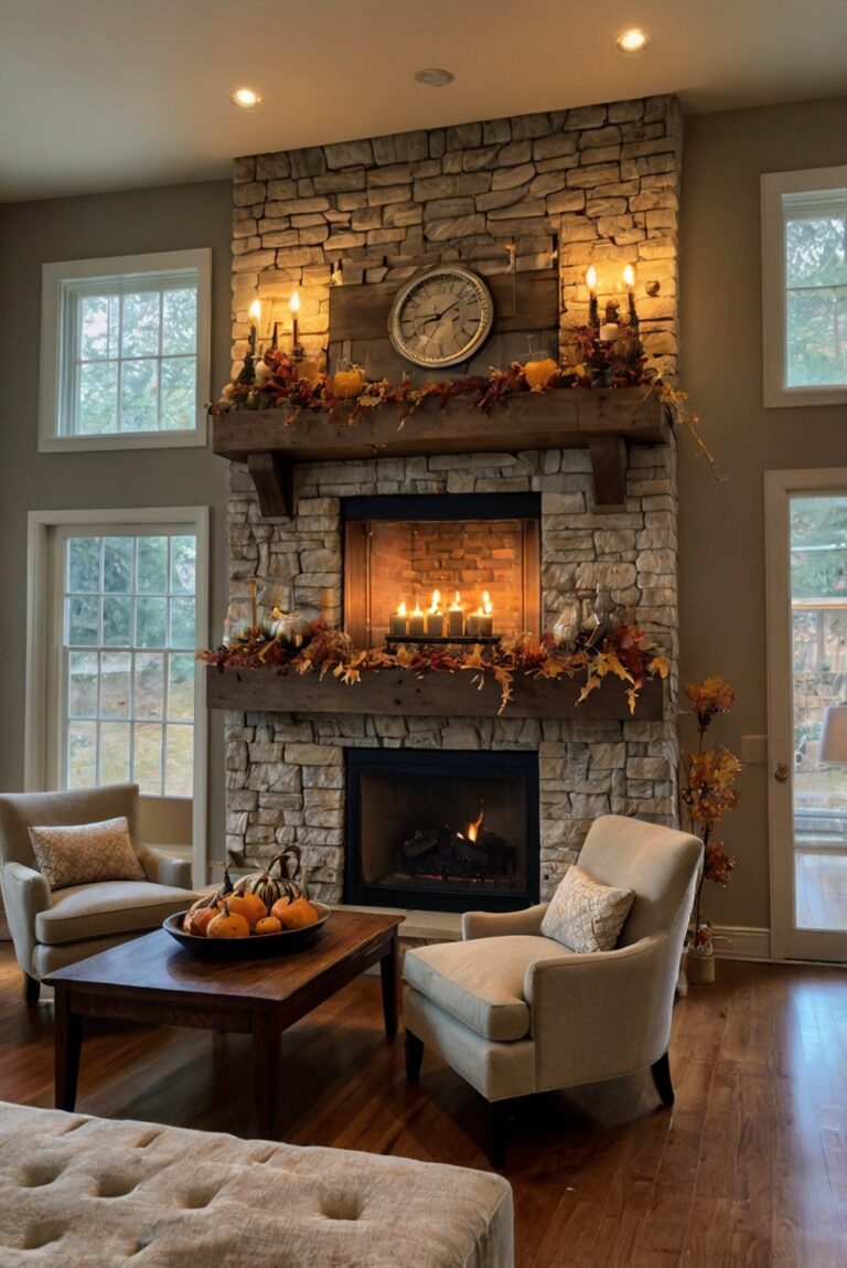 fireplace decor, fall mantles, home decor ideas, cozy living room, rustic chic design