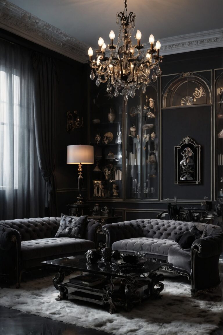 Gothic home decor, dark living room, macabre interior design, gothic furniture, elegant gothic room